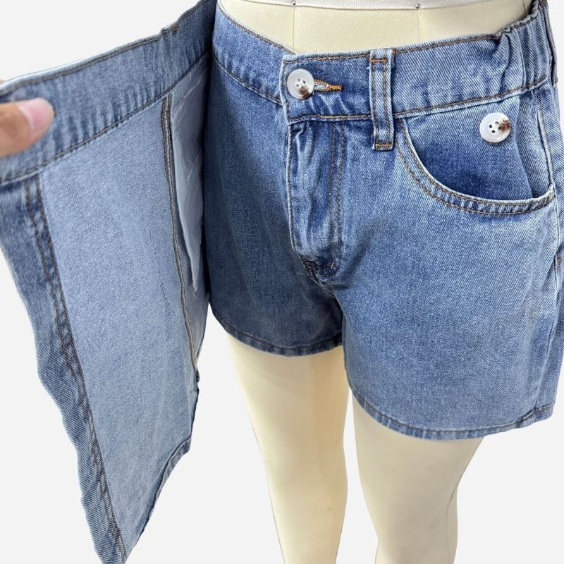 Women’s cropped denim shirt & high waist jean skirt two piece set in blue, details view