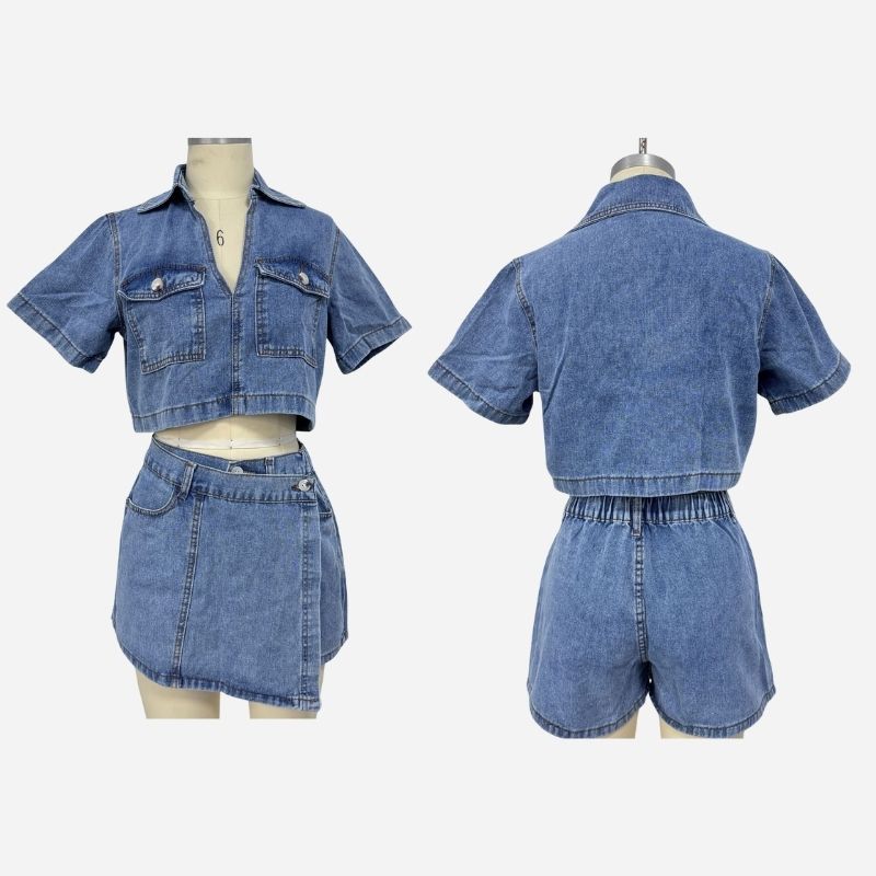 Women’s cropped denim shirt & high waist jean skirt two piece set in light blue, front and back views