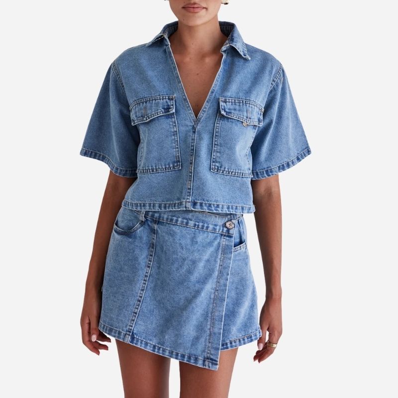 Women’s cropped denim shirt & high waist jean skirt two piece set