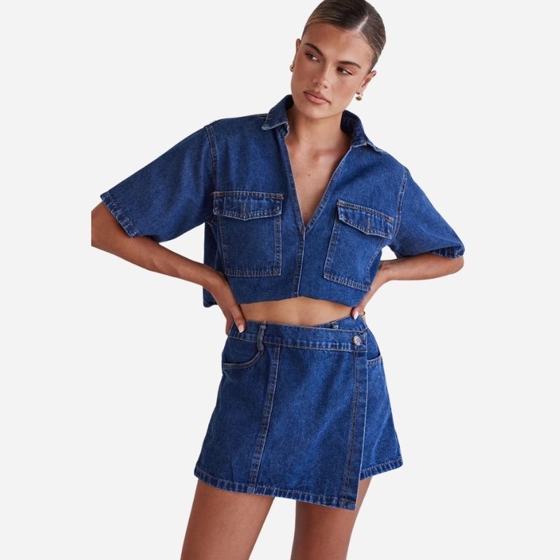 Women’s cropped denim shirt & jean skirt two piece set in blue, front view