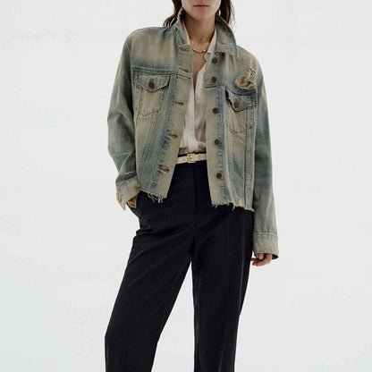 Women’s distressed denim jacket button-up vintage western trucker coat