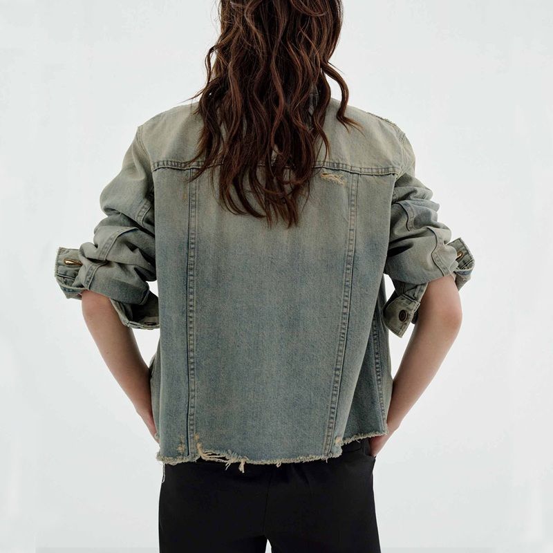Women’s distressed denim jacket button-up vintage western trucker coat, back view