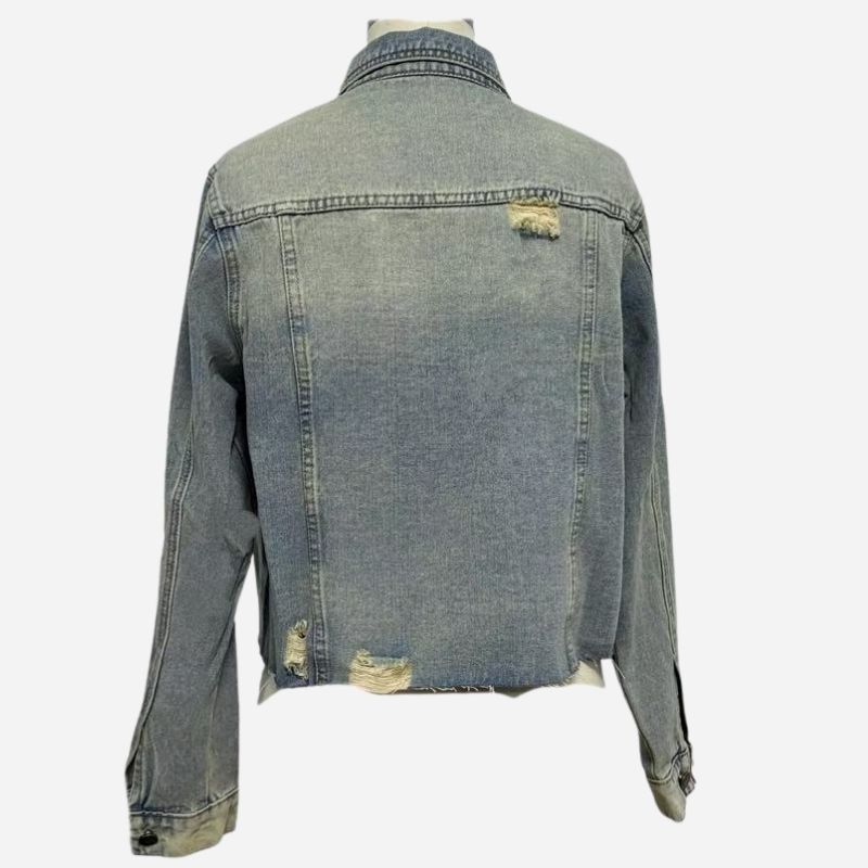 Women’s distressed denim jacket button-up vintage western trucker coat, back view