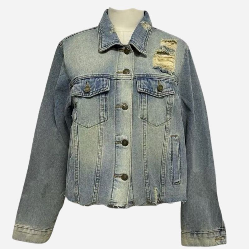 Women’s distressed denim jacket button-up vintage western trucker coat, front view