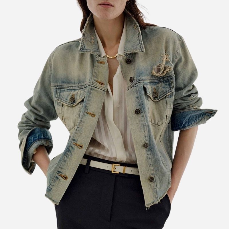 Women’s distressed denim jacket button-up vintage western trucker coat