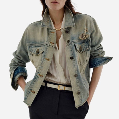Women’s distressed denim jacket button-up vintage western trucker coat