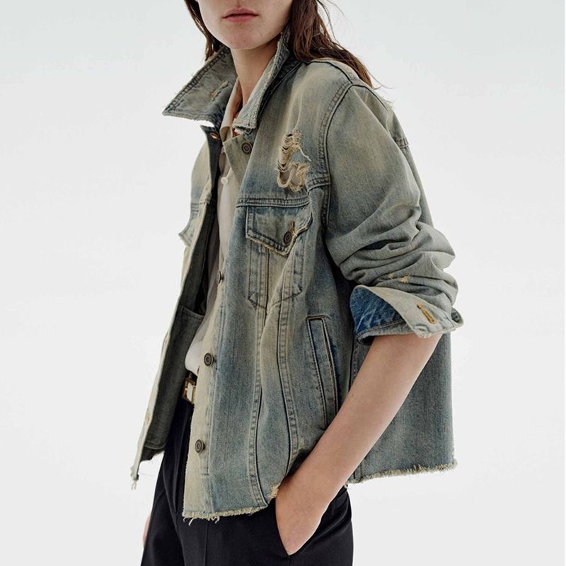 Women’s distressed denim jacket button-up vintage western trucker coat, side view