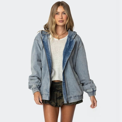 Women's hooded denim bomber jacket oversized zip front jean coat, front view