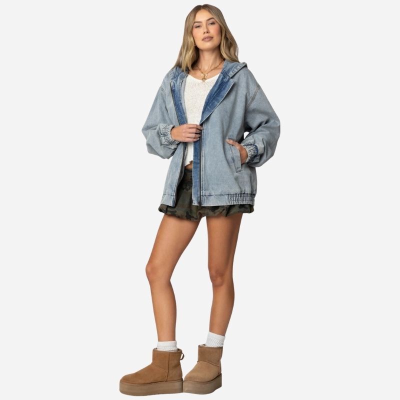 Women's hooded denim bomber jacket oversized fit zip front jean coat, front view