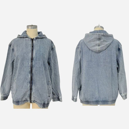 Women's hooded denim bomber jacket oversized fit zip front jean coat, front and back views