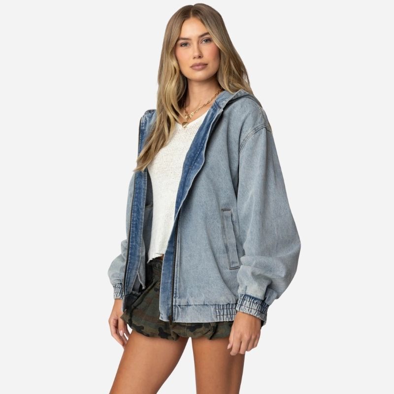 Women's hooded denim bomber jacket oversized fit zip front jean coat, side view