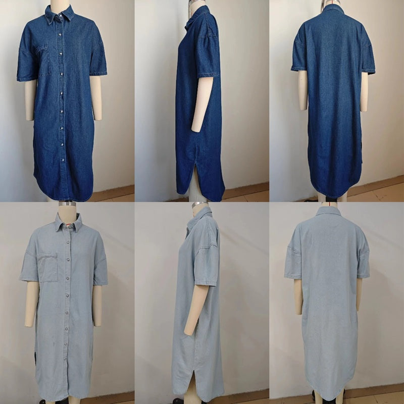 Women’s long denim dress short sleeve button down shirt dress, front and back views