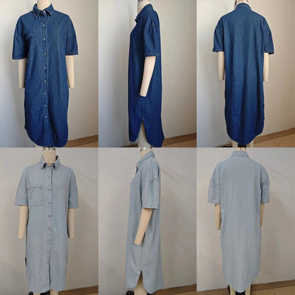 Women’s long denim dress short sleeve button down shirt dress, front and back views
