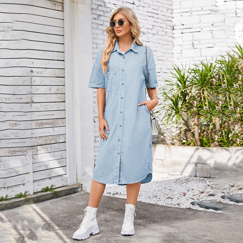 Women’s long denim dress short sleeve button down dress in light blue, front view