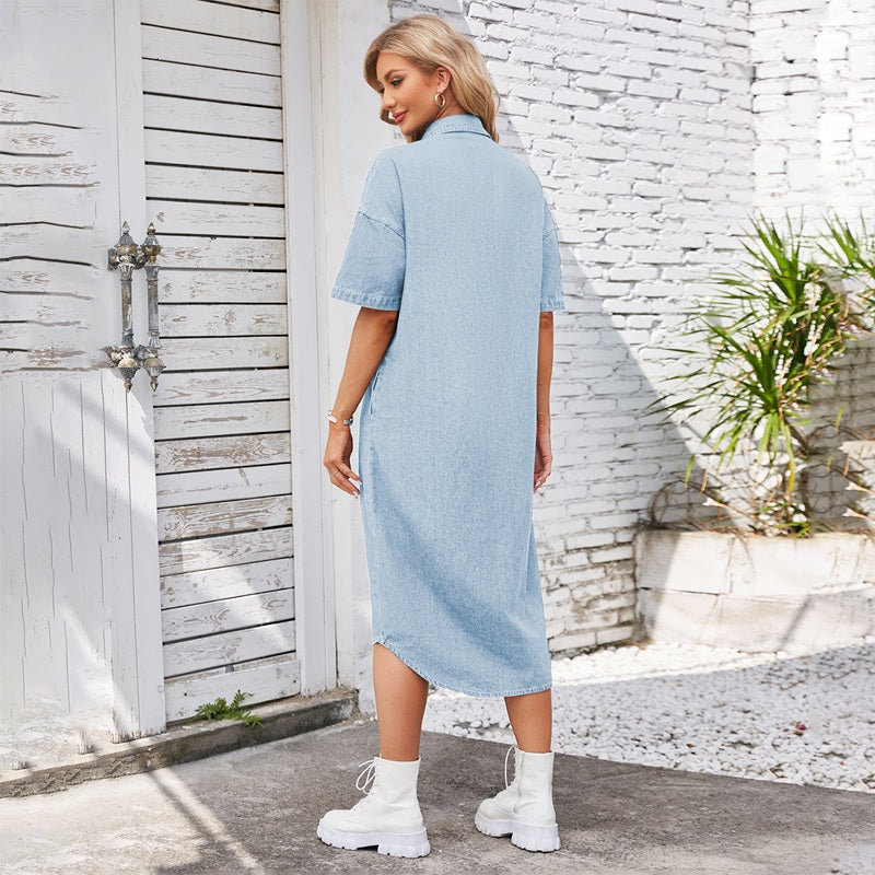 Women’s long denim dress short sleeve button down shirt dress in light blue, back view