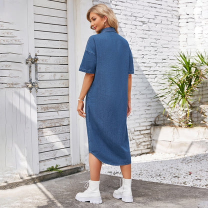 Women’s long denim dress short sleeve button down shirt dress in navy, back view