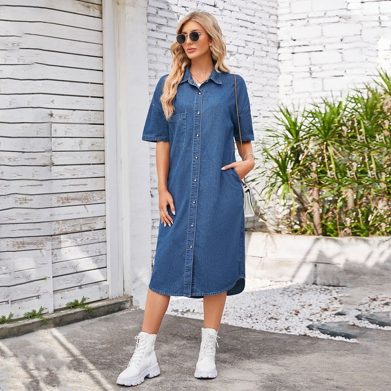 Women’s long denim dress button down shirt dress in navy, front view
