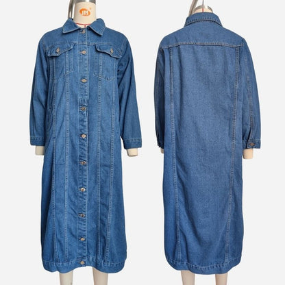 Women's long denim jacket button down duster jean coat, front and back views