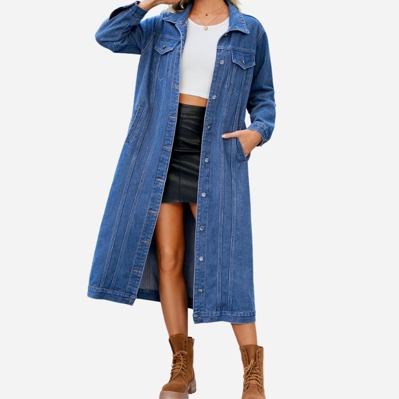 Women's long denim jacket button down trench duster jean coat streetwear