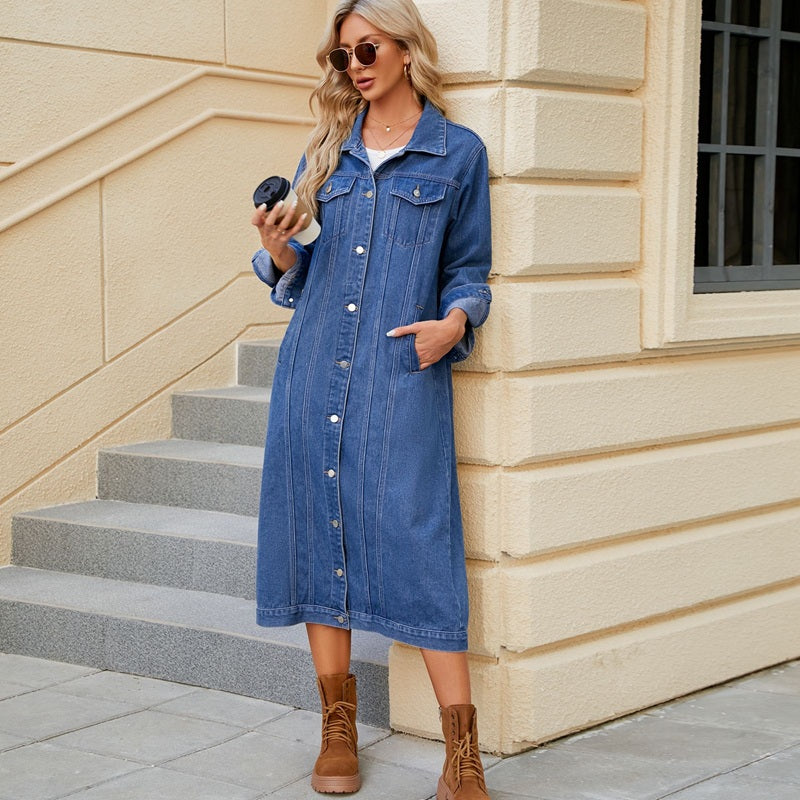 Women's long denim jacket button down duster jean coat