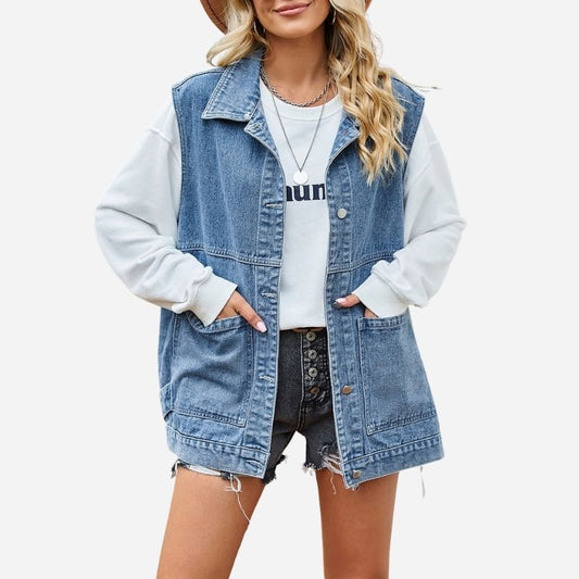 Women’s longline sleeveless denim vest relaxed utility casual fit