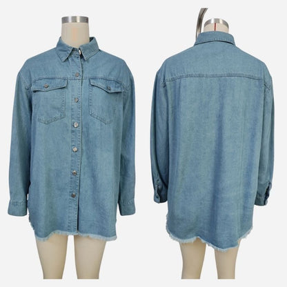 Women's oversized button down long sleeve denim shirt with frayed hem in light blue, front and back views