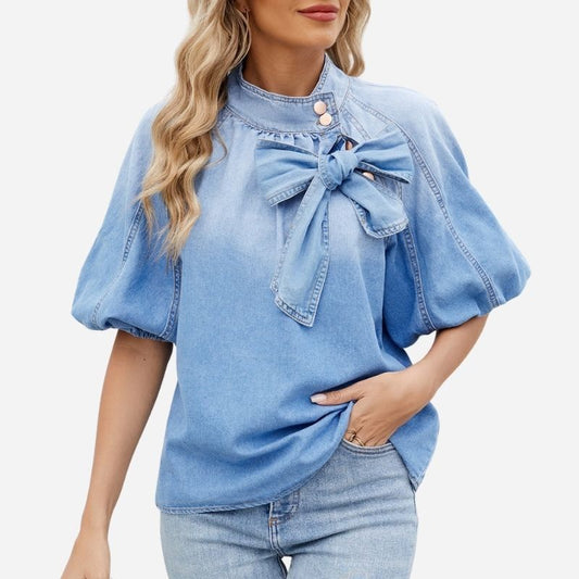 Women's puff short sleeve bow tie denim shirt elegant top jean blouse