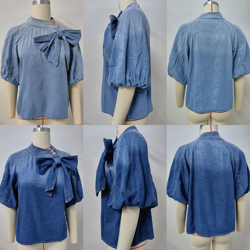 Women's puff sleeve bow tie denim shirt top jean blouse, front and back views