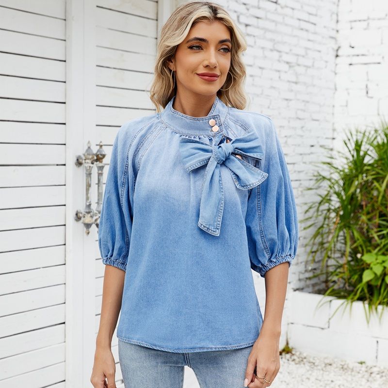 Women's puff sleeve bow tie denim shirt top jean blouse, front view