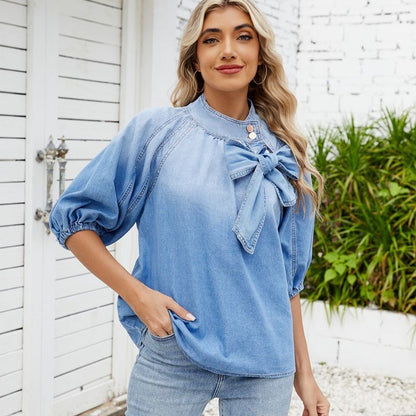 Women's puff short sleeve bow tie denim shirt top jean blouse, front view