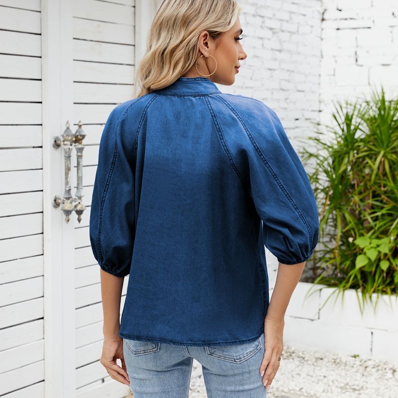 Women's puff sleeve bow tie denim shirt top jean blouse in navy, back view