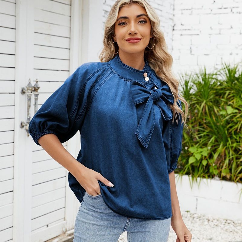 Women's puff sleeve bow tie denim shirt top jean blouse in navy, front view