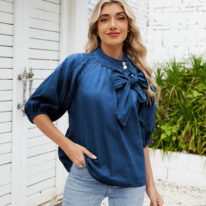 Women's puff sleeve bow tie denim shirt top jean blouse in navy, front view