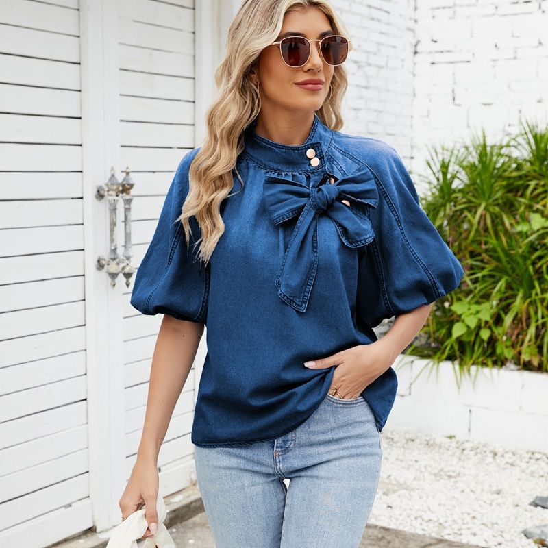 Women's puff sleeve bow tie denim shirt jean blouse in navy