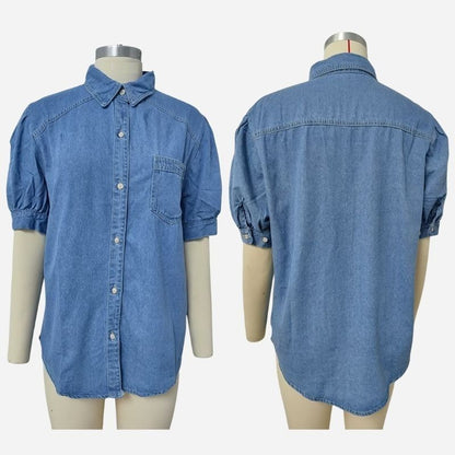 Women's puff sleeve denim shirt button down jean blouse in blue, front and back views