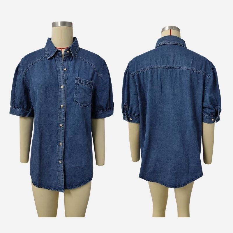 Women's puff sleeve denim shirt button down jean blouse in navy, front and back views