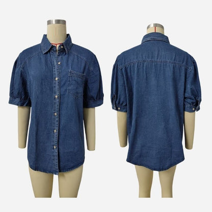 Women's puff sleeve denim shirt button down jean blouse in navy, front and back views