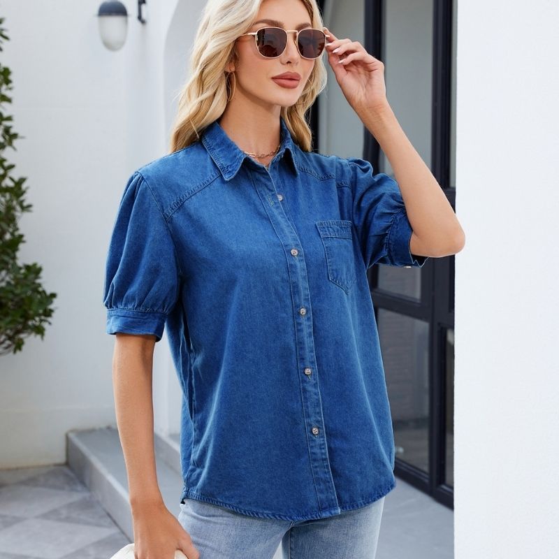 Women's puff sleeve denim shirt button down jean blouse in navy, front view