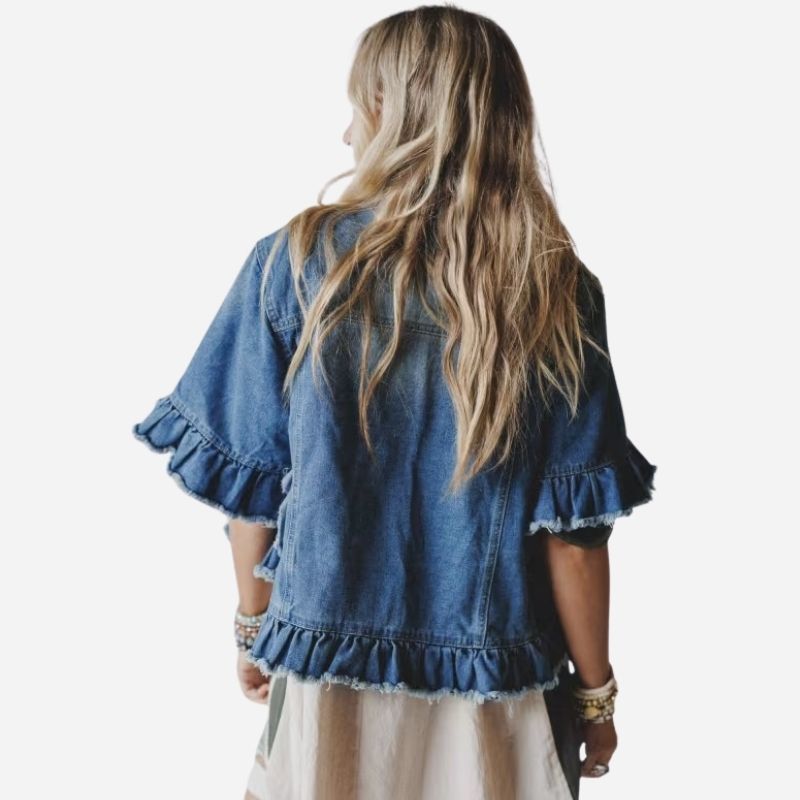 Women's ruffle sleeve denim jacket frayed hem jean coat, back view