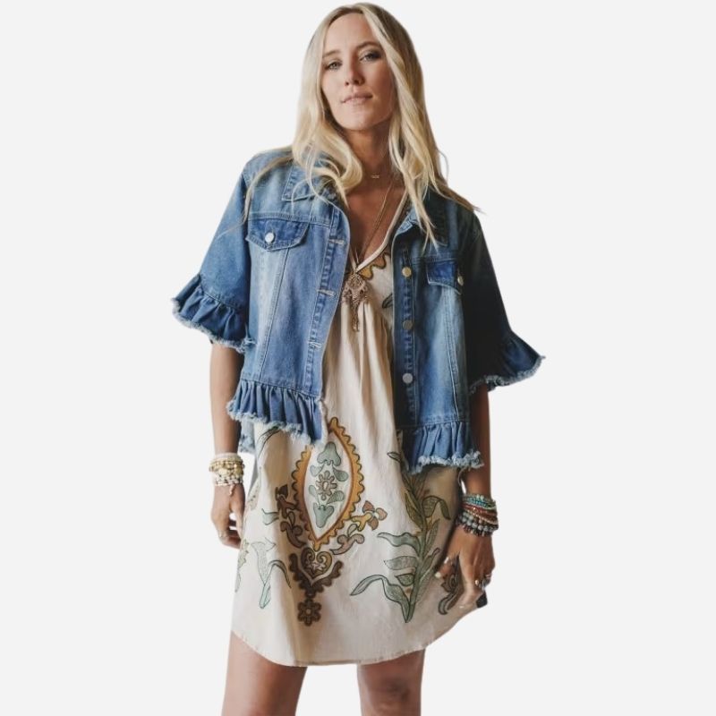 Women's ruffle sleeve denim jacket frayed hem jean coat, front view