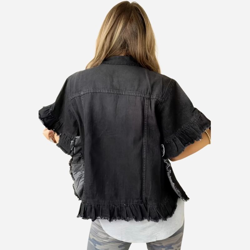 Women's ruffle sleeve denim jacket frayed hem jean coat in black, back view
