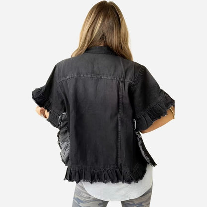 Women's ruffle sleeve denim jacket frayed hem jean coat in black, back view