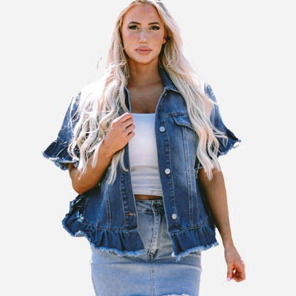 Women's ruffle sleeve denim jacket frayed hem jean coat
