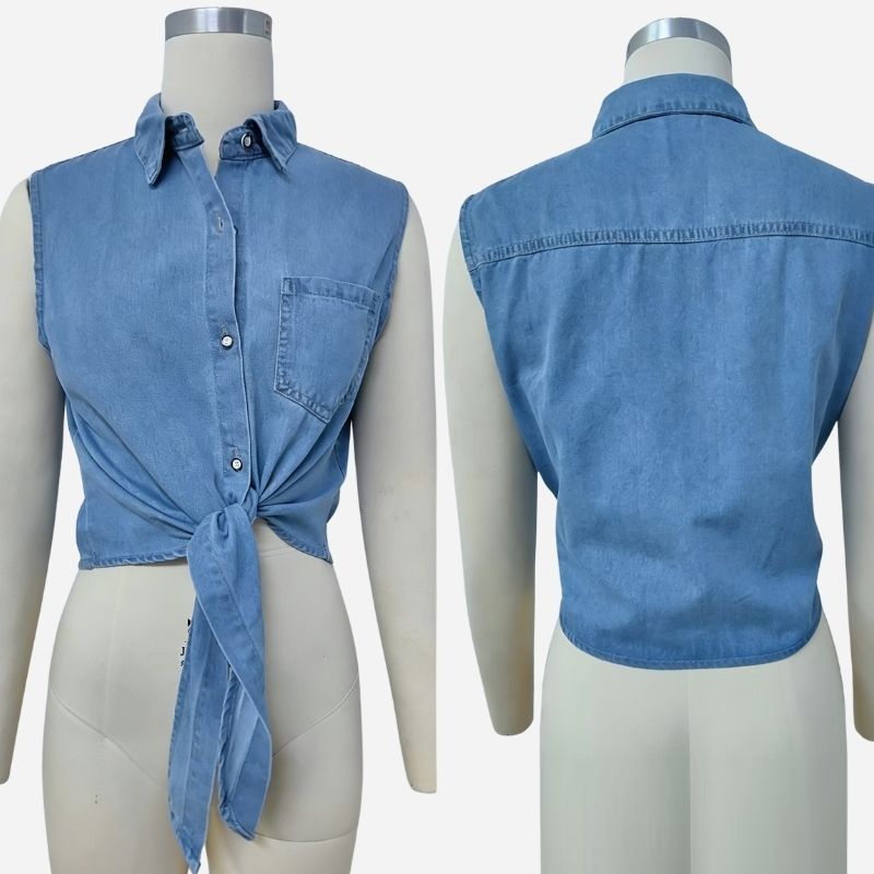 Women's sleeveless cropped denim shirt with tie front jean top, front and back views