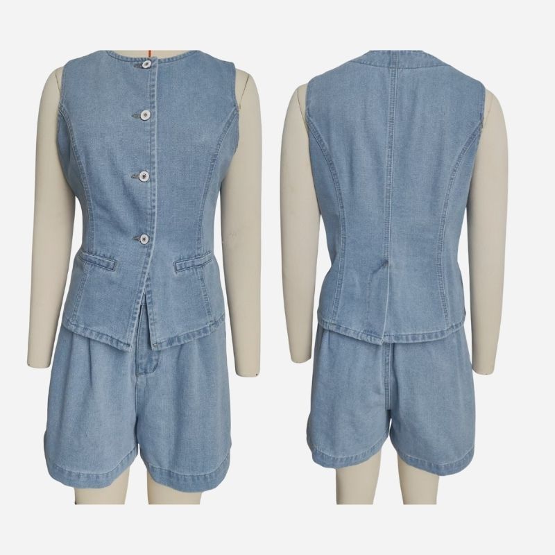 Women's sleeveless denim vest and shorts set button front outfit in light blue, front and back views