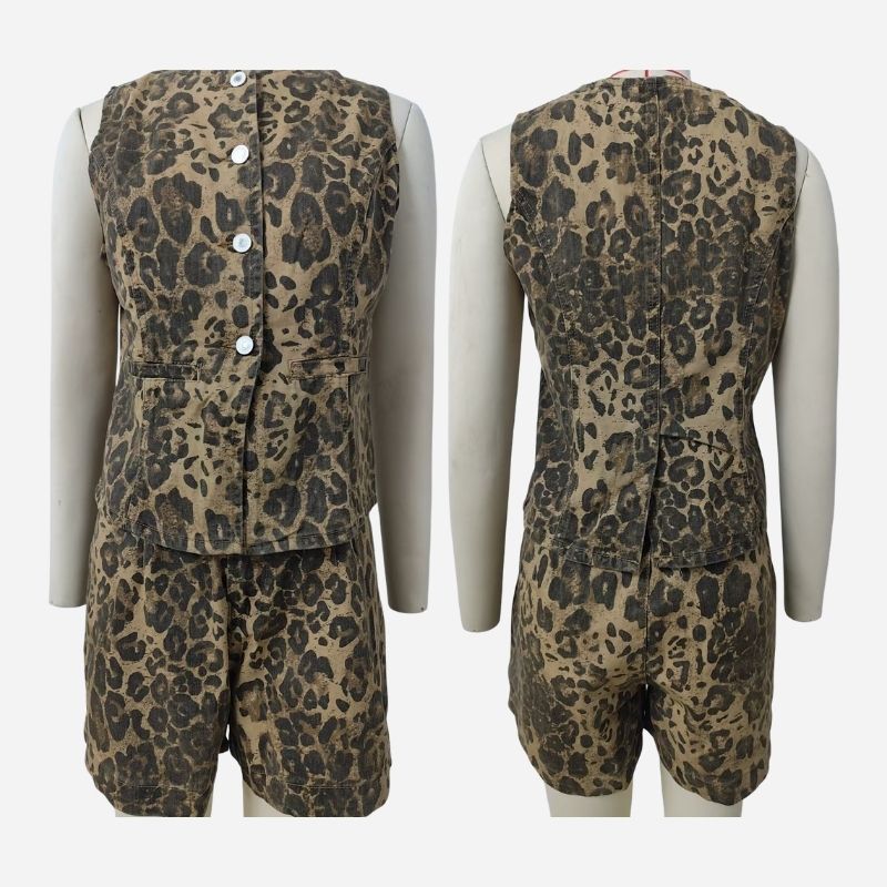 Women's sleeveless denim vest and shorts set button front outfit in leopard, front and back views