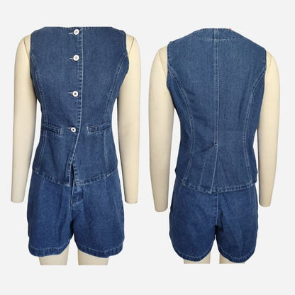 Women's sleeveless denim vest and shorts set button front outfit in blue, front and back views