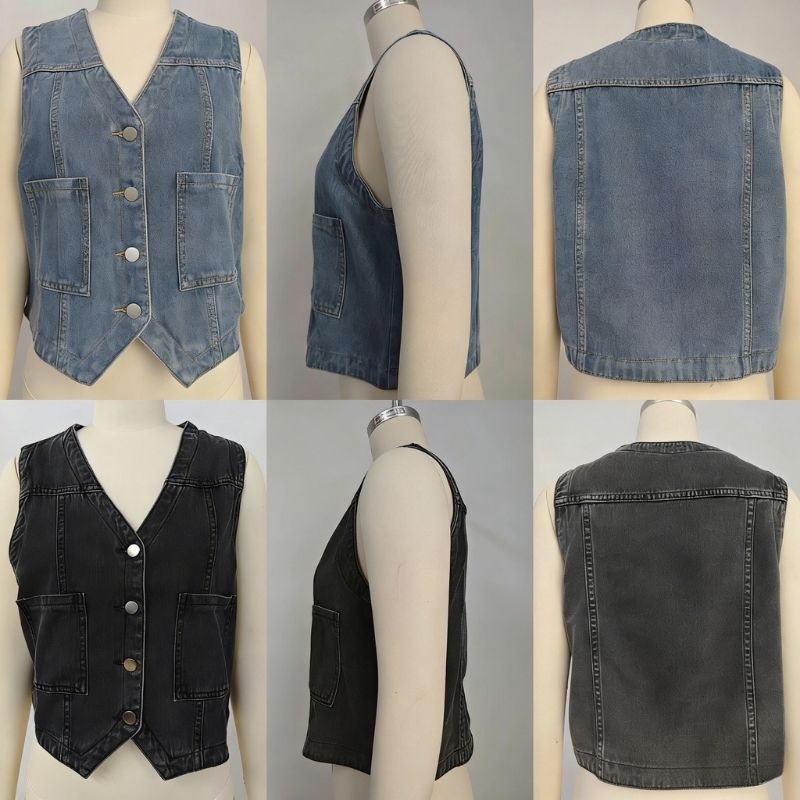 Women's v neck button front denim vest with pockets, front and back views