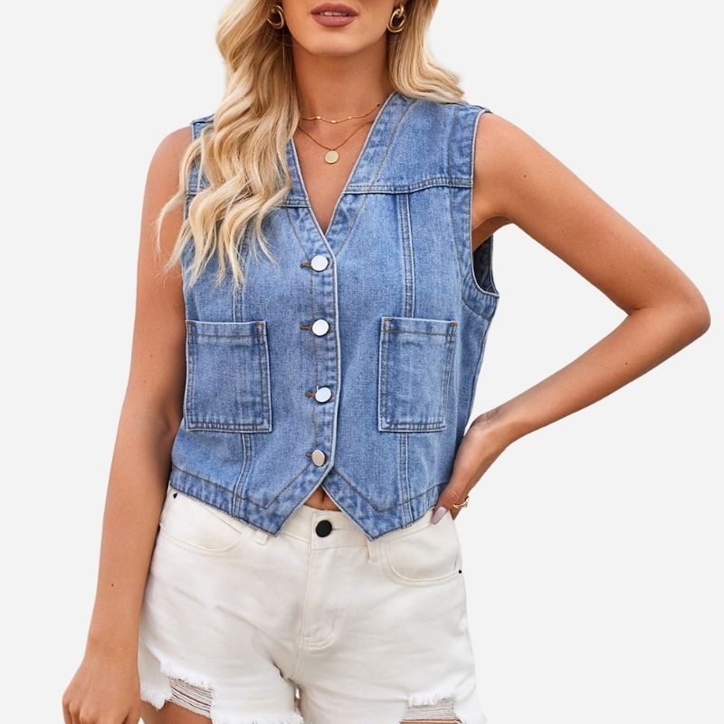 Women's v neck button front denim vest with pockets in blue
