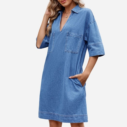 Women’s v neck short sleeve relaxed denim midi dress with pockets